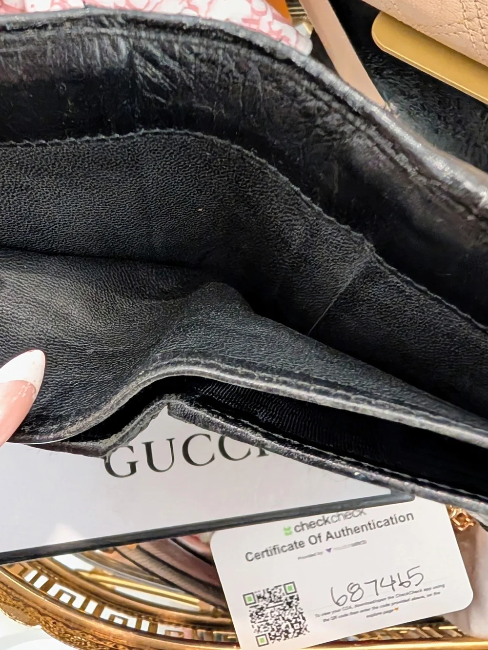 Gucci Beige Brown GG Canvas Wallet with Black Trim and Bamboo Accent